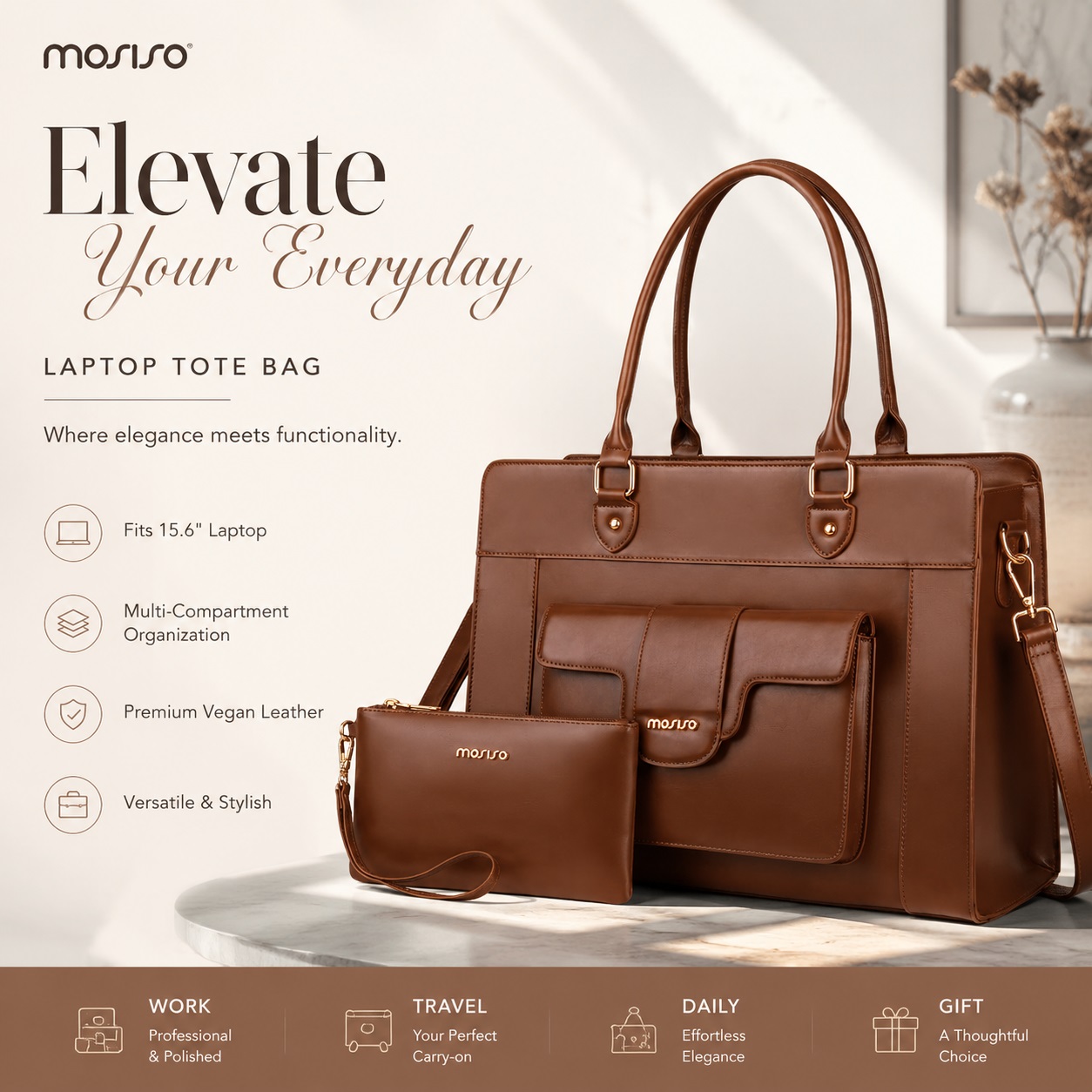 حقيبة كمبيوتر محمول من MOSISO  - مراجعة Leather Work Laptop Bag وسعره